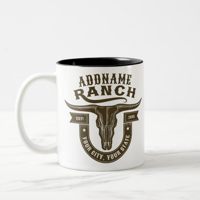 Personalised NAME Bull Steer Skull Western Ranch Two-Tone Coffee Mug (Left)