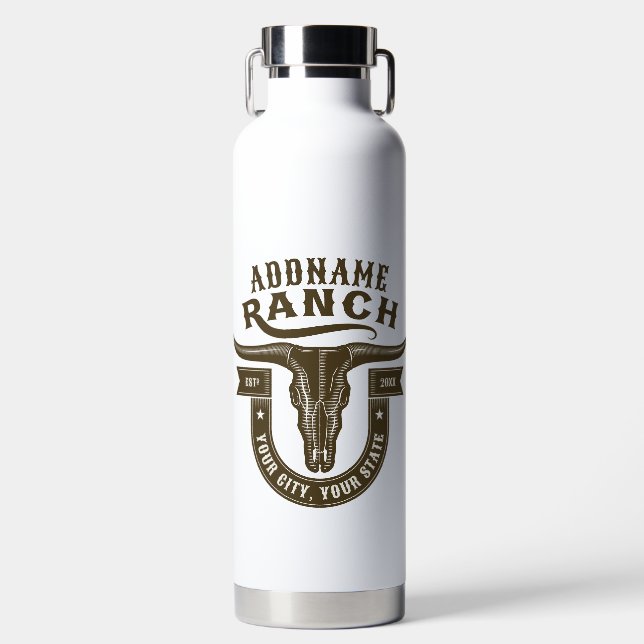 Personalised NAME Bull Steer Skull Western Ranch Water Bottle (Front)