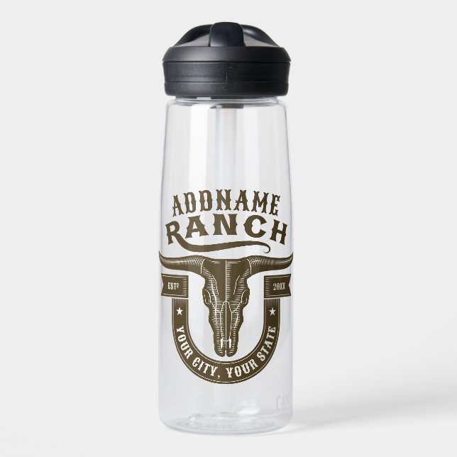 Personalised NAME Bull Steer Skull Western Ranch Water Bottle (Front)