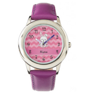 Personalised name bunny pink chevrons watch