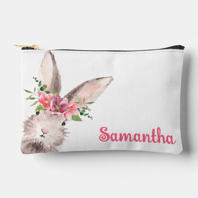 Personalised Name Bunny Rabbit Girl pink Accessory Pouch (Front)