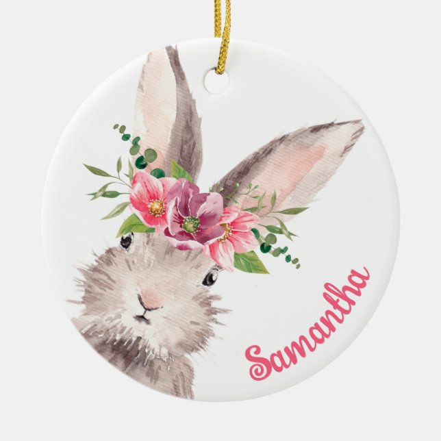 Personalised Name Bunny Rabbit Girl pink Ceramic Tree Decoration (Front)