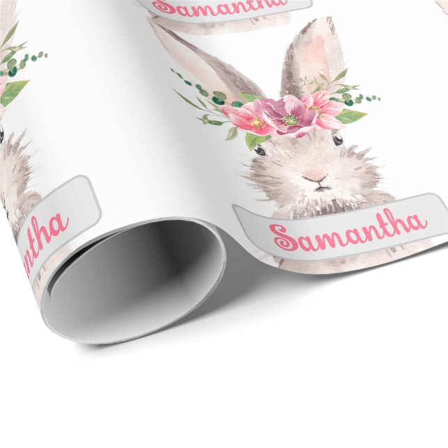 Personalised Name Bunny Rabbit Girl pink Wrapping Paper (Roll Corner)