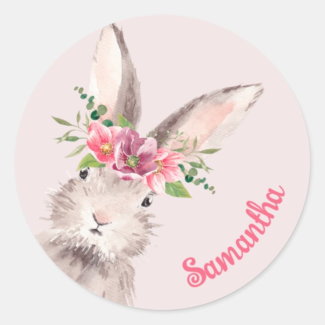 Personalised Name Bunny Rabbit pink handwritten  Classic Round Sticker (Front)