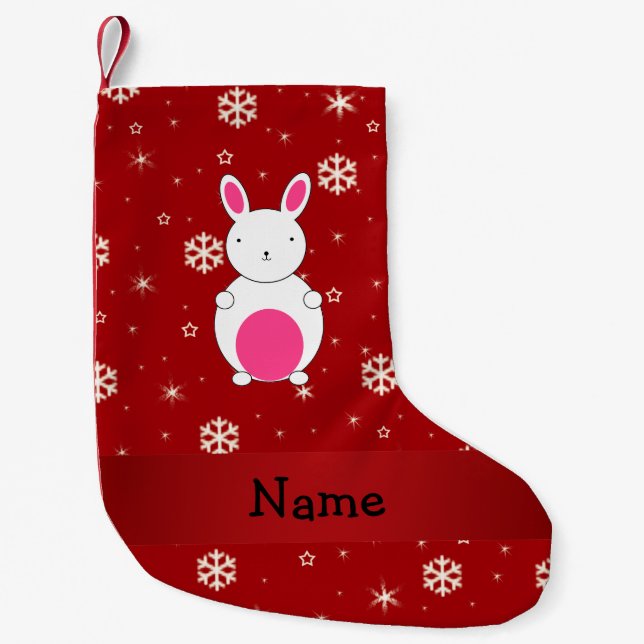 Personalised name bunny red snowflakes small christmas stocking (Front)