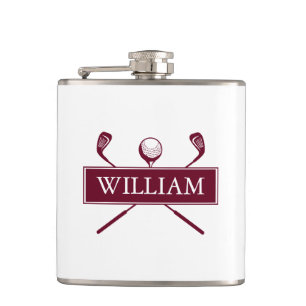 Personalised Name Burgundy Clubs And Ball Hip Flask