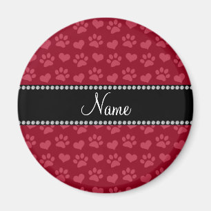 Personalised name burgundy red hearts and paw prin magnet