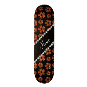 Personalised name burnt orange glitter flowers skateboard