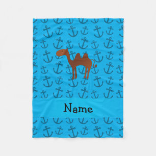 Personalised name camel blue anchors pattern fleece blanket