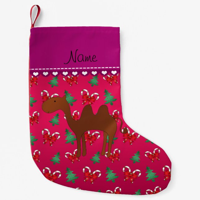 Personalised name camel magenta candy canes bows small christmas stocking (Front)