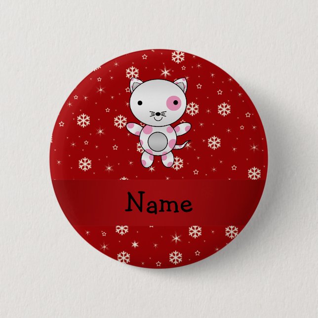 Personalised name cat red snowflakes 6 cm round badge (Front)