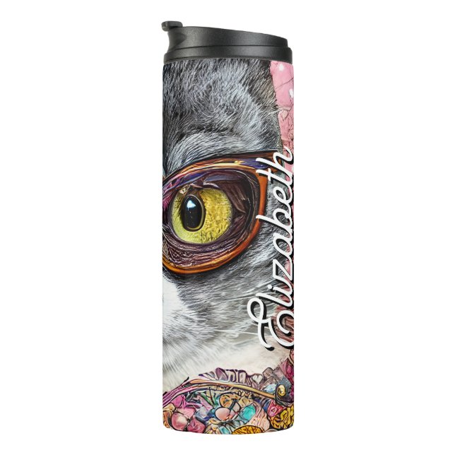 Personalised Name Cat With Glasses Thermal Tumbler (Rotated Right)