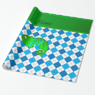 Personalised name chameleon blue argyle wrapping paper