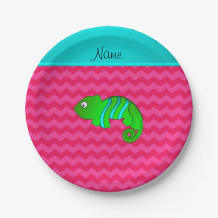 Personalised name chameleon pink chevrons paper plate