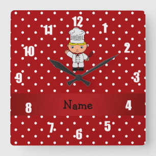 Personalised name chef red white polka dots square wall clock