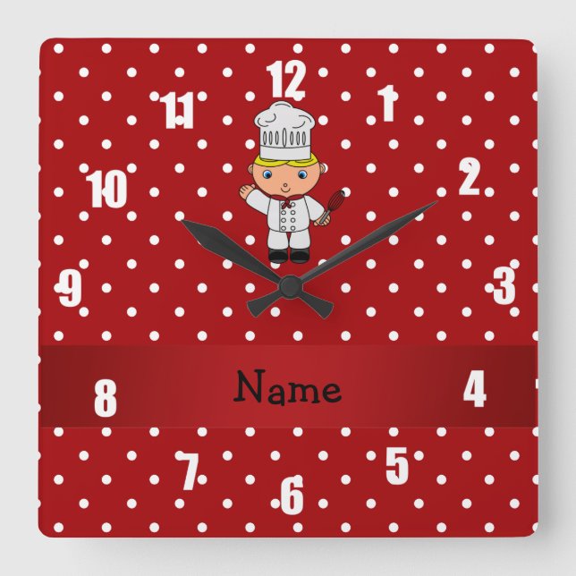Personalised name chef red white polka dots square wall clock (Front)