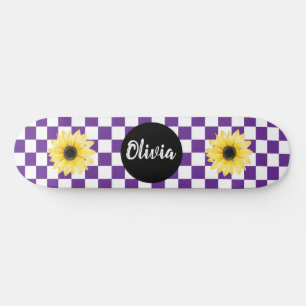 Personalised Name Chequerboard & Sunflower purple Skateboard