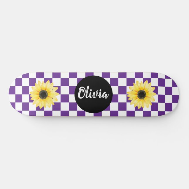  Personalised Name Chequerboard & Sunflower purple Skateboard (Horz)