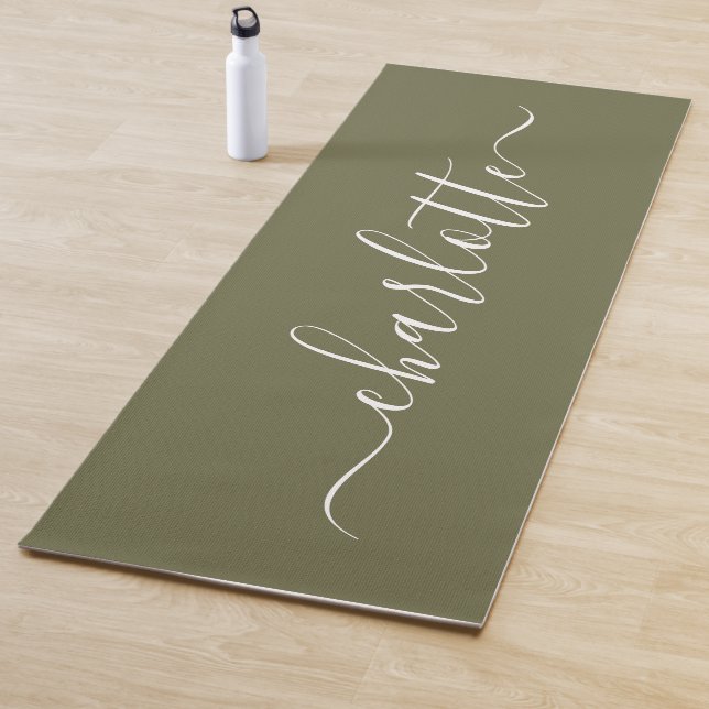 Personalised Name Chic Calligraphy Olive Green Yoga Mat (In Situ)