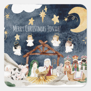 Personalised Name Christian Kids Christmas Square Sticker