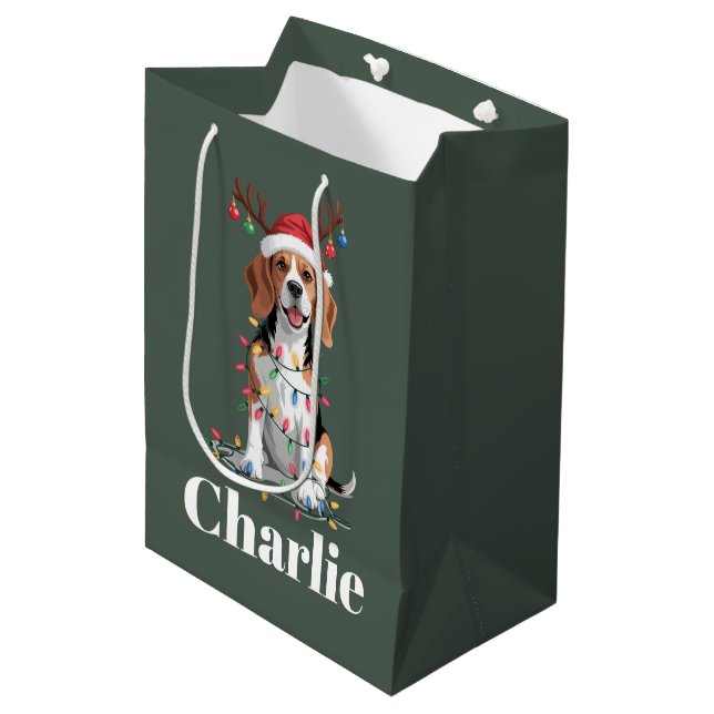 Personalised Name Christmas Beagle Dog Lover Medium Gift Bag (Front Angled)