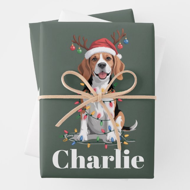 Personalised Name Christmas Beagle Dog Lover Wrapping Paper Sheet (In situ)