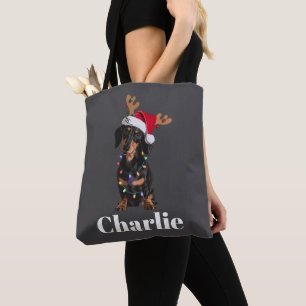 Personalised Name Christmas Dachshund Dog Lights Tote Bag