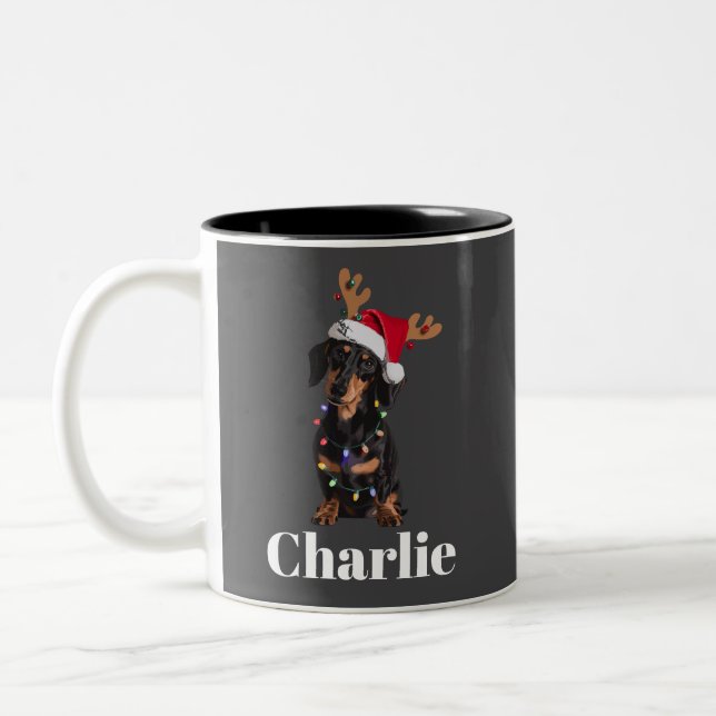 Personalised Name Christmas Dachshund Dog Lights Two-Tone Coffee Mug (Left)