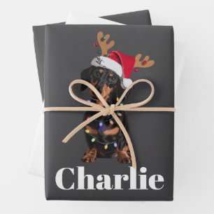 Personalised Name Christmas Dachshund Dog Lights Wrapping Paper Sheet