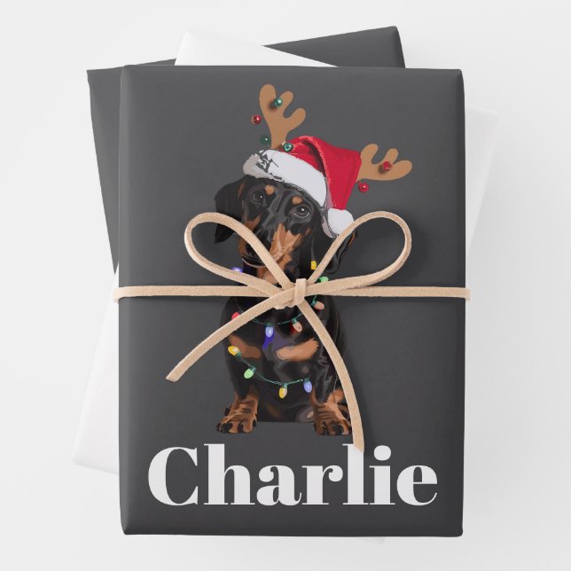 Personalised Name Christmas Dachshund Dog Lights Wrapping Paper Sheet (In situ)