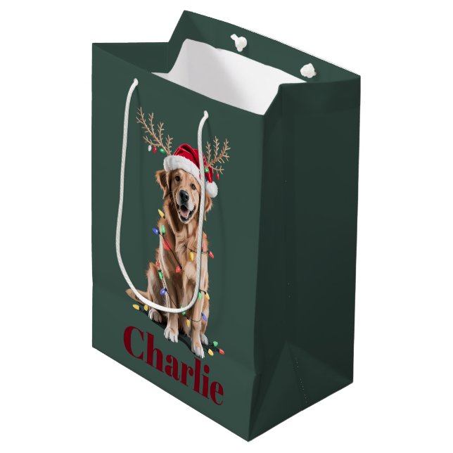 Personalised Name Christmas Golden Retriever Dog Medium Gift Bag (Front Angled)