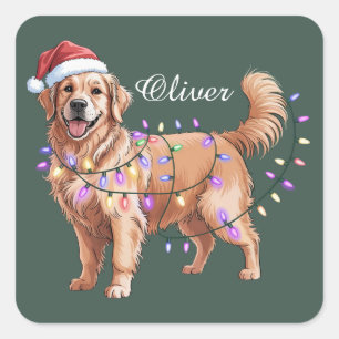 Personalised Name Christmas Golden Retriever Dog  Square Sticker