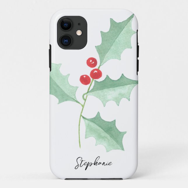 Personalised Name Christmas Greenery & Red Berry  Case-Mate iPhone Case (Back)