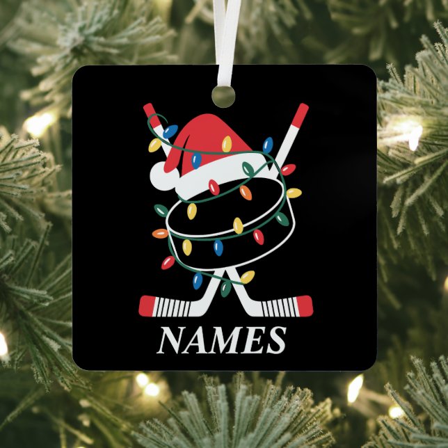 Personalised Name Christmas Hockey Xmas Santa Hat Metal Tree Decoration (Insitu)