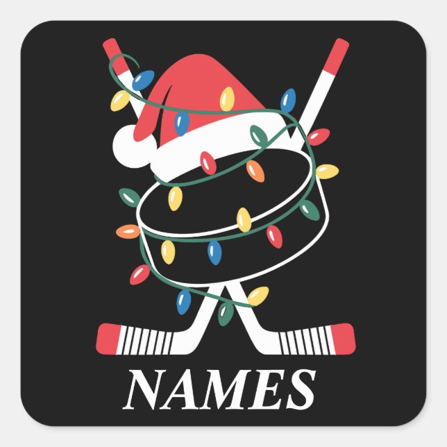 Personalised Name Christmas Hockey Xmas Santa Hat Square Sticker (Front)