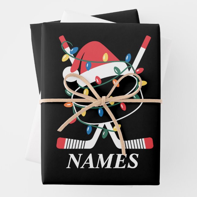 Personalised Name Christmas Hockey Xmas Santa Hat Wrapping Paper Sheet (In situ)