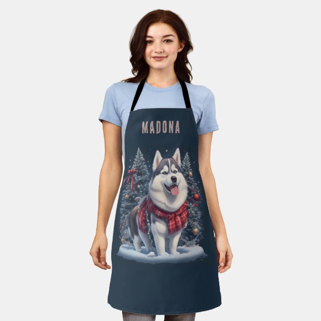 Personalised Name Christmas Husky Dog Magic Apron (Worn)