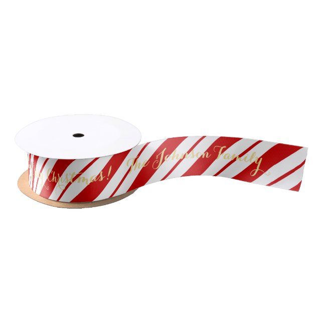 Personalised Name Christmas Red Candy Cane Stripes Satin Ribbon (Spool)