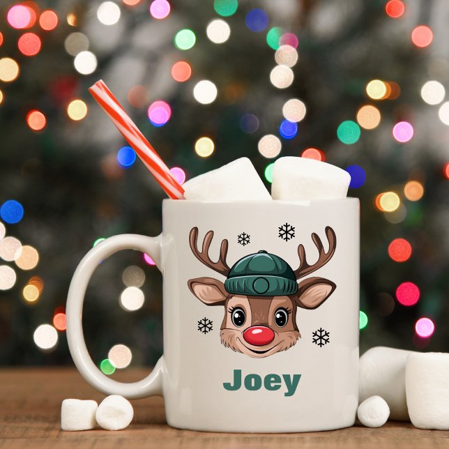 Personalised Name Christmas Reindeer Green Beanie Coffee Mug (Personalized Name Christmas Reindeer Green Beanie Coffee Mug
)