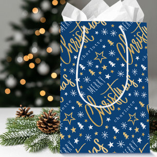 Personalised Name Christmas Script Blue Faux Gold Medium Gift Bag