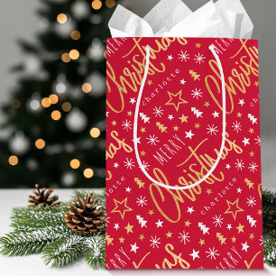 Personalised Name Christmas Script Red Faux Gold Medium Gift Bag