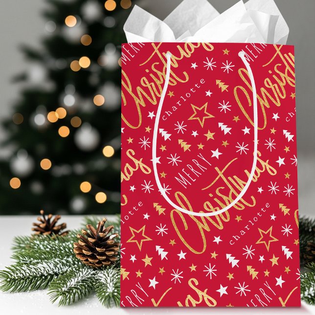 Personalised Name Christmas Script Red Faux Gold Medium Gift Bag (Creator Uploaded)