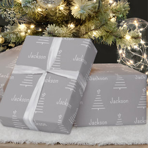 Personalised Name Christmas Tree Grey Gift Wrapping Paper
