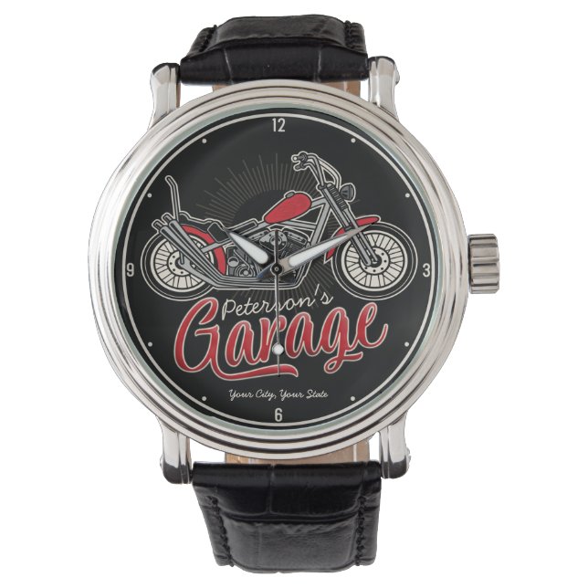 Personalised NAME Classic Biker Motorcycle Garage Watch (Front)