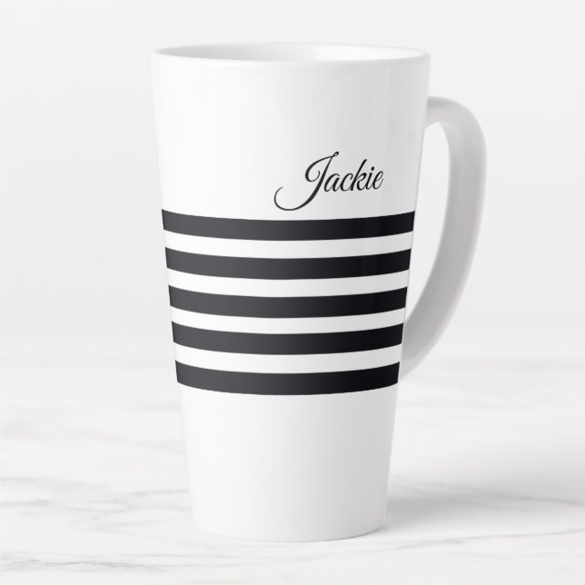 Personalised Name Classic Black & White Stripes Latte Mug (Right Angle)