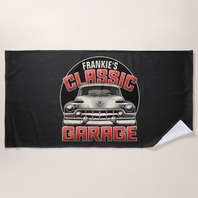 Personalised NAME Classic Car Garage Custom Shop Beach Towel (Front)