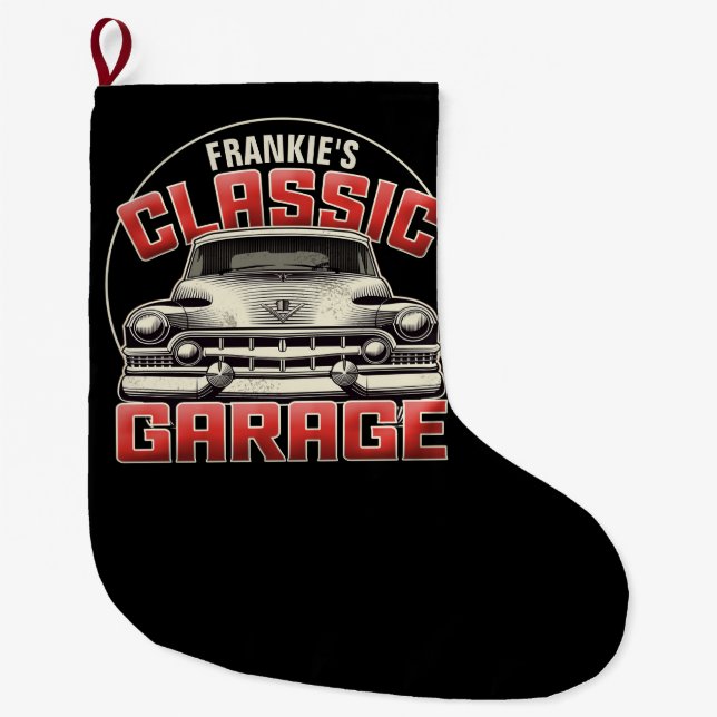 Personalised NAME Classic Car Garage Custom Shop Large Christmas Stocking (Front)