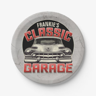 Personalised NAME Classic Car Garage Custom Shop Paper Plate