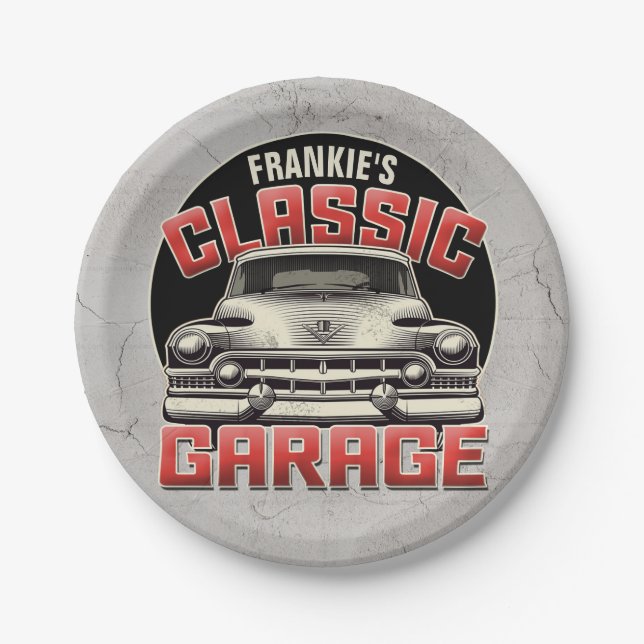 Personalised NAME Classic Car Garage Custom Shop Paper Plate (Front)