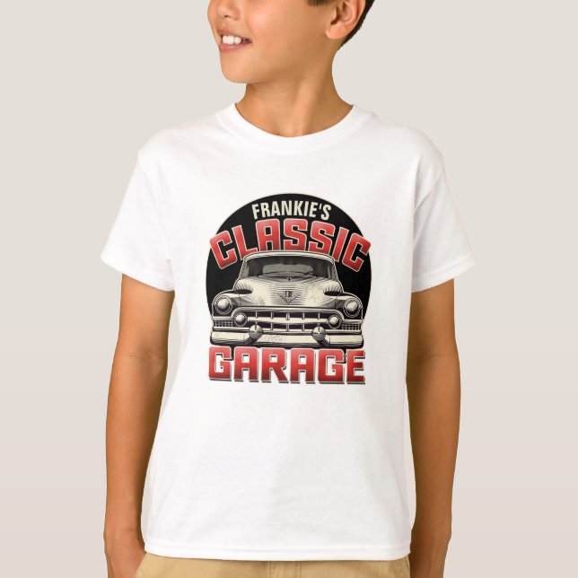 Personalised NAME Classic Car Garage Custom Shop T-Shirt (Front)